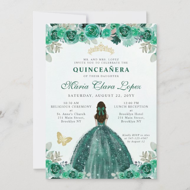 Emerald Green Gold Floral Princess Quinceañera Invitation (Front)