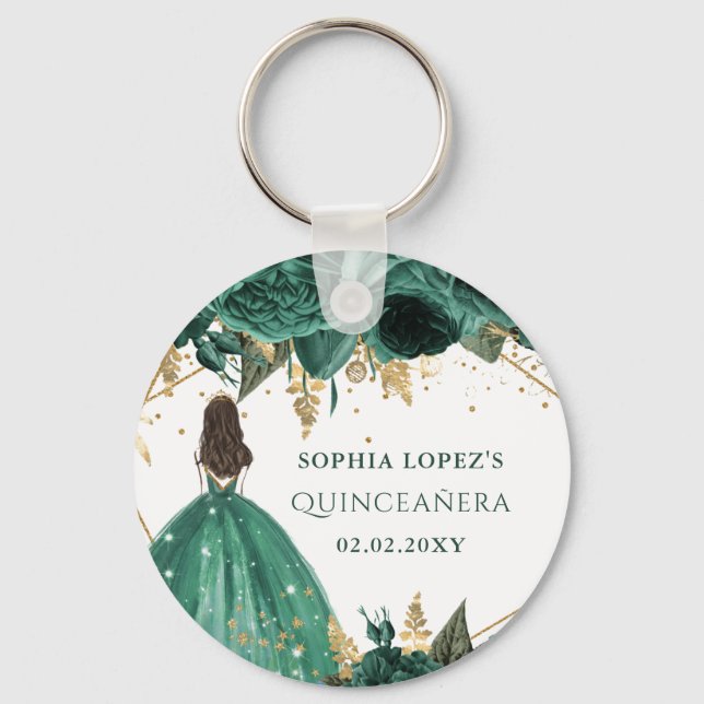Emerald Green Gold Floral Princess Quinceanera  Key Ring (Front)