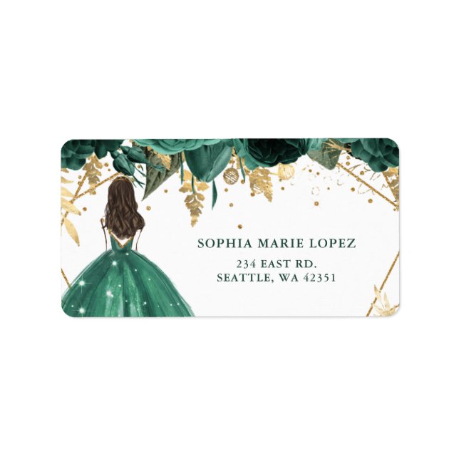 Emerald Green Gold Floral Princess Quinceanera    Label (Front)