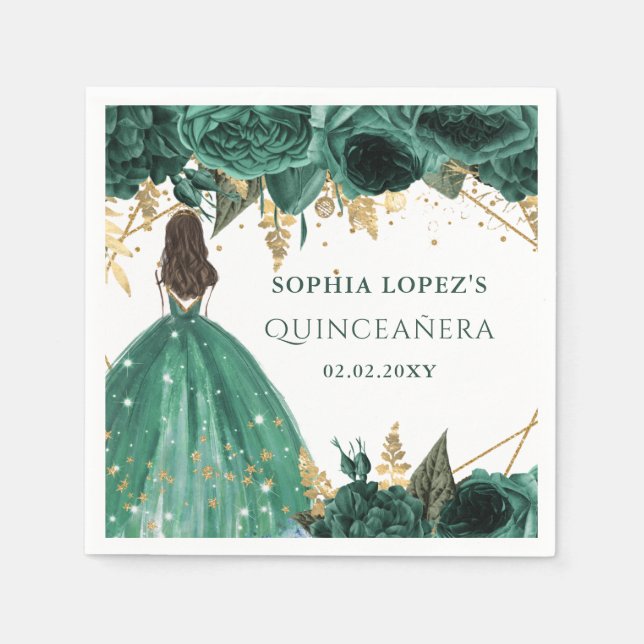 Emerald Green Gold Floral Princess Quinceanera  Napkin (Front)