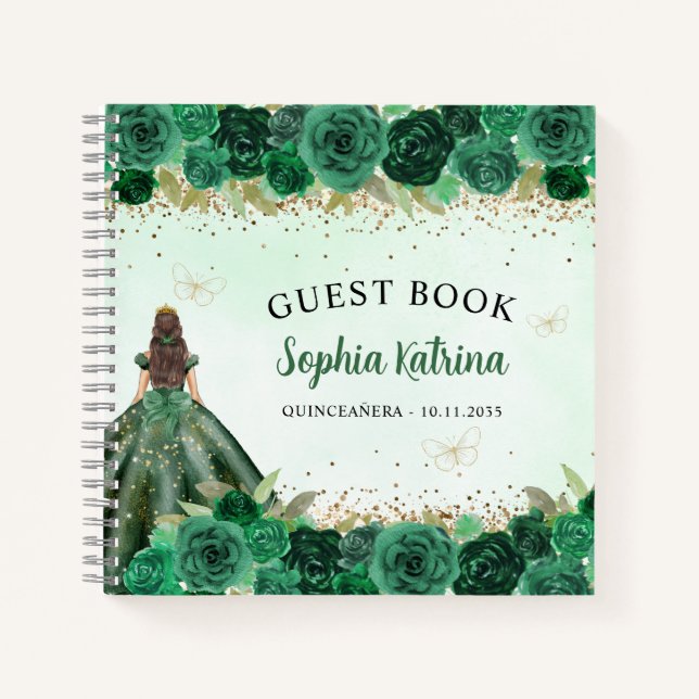 Emerald Green Gold Floral Princess Quinceañera Notebook (Front)