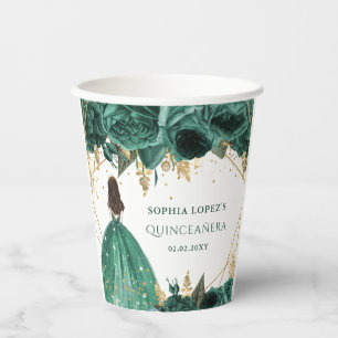 Emerald Green Gold Floral Princess Quinceanera Paper Cups
