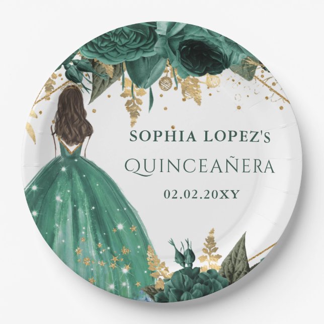 Emerald Green Gold Floral Princess Quinceanera  Paper Plate (Front)