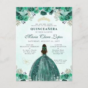 Emerald Green Gold Floral Princess Quinceañera Postcard