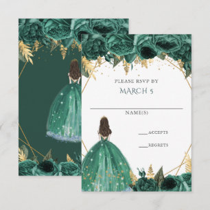 Emerald Green Gold Floral Princess Quinceanera RSVP Card