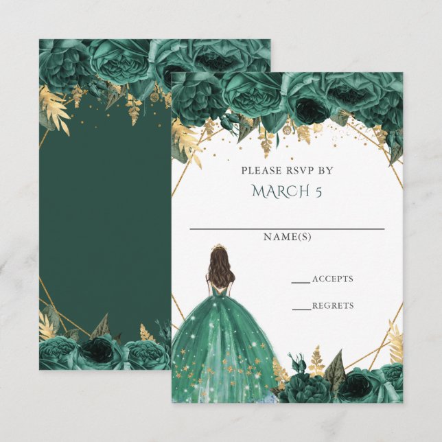 Emerald Green Gold Floral Princess Quinceanera RSVP Card (Front/Back)