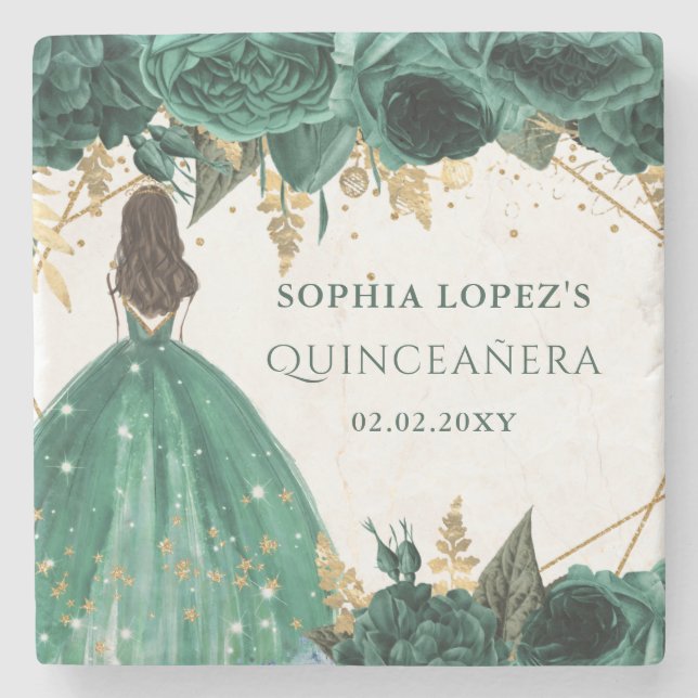 Emerald Green Gold Floral Princess Quinceanera   Stone Coaster (Front)