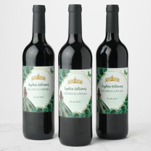 Emerald Green Gold Floral Princess Quinceañera Wine Label