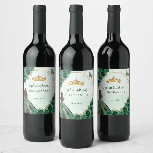 Emerald Green Gold Floral Princess Quinceañera Wine Label (Bottles)