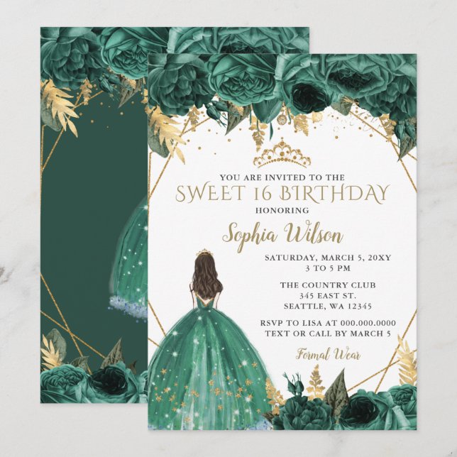 Emerald Green Gold Floral Princess SWEET 16  Invitation (Front/Back)