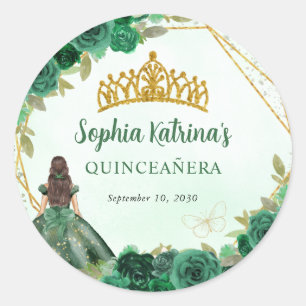 Emerald Green Gold Floral Princess Tiara Favour Classic Round Sticker