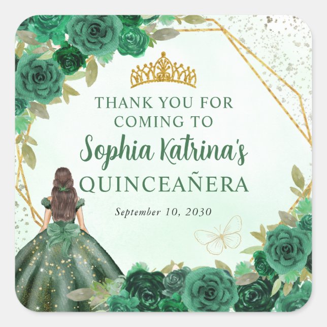 Emerald Green Gold Floral Princess Tiara Thank You Square Sticker (Front)