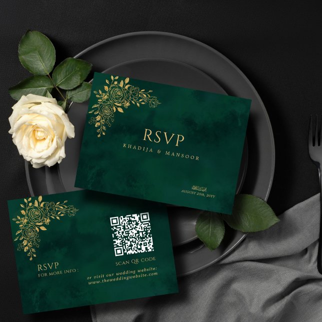 Emerald Green Gold Floral QR code Wedding RSVP Enclosure Card (Creator Uploaded)