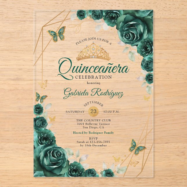 Emerald Green Gold Floral Quinceanera 01 Acrylic Invitations (Front)