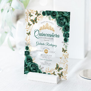 Emerald Green Gold Floral Quinceanera Acrylic Invitations