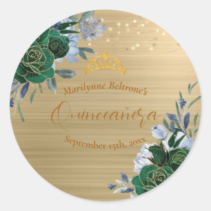 Emerald Green Gold Floral Quinceañera Classic Round Sticker