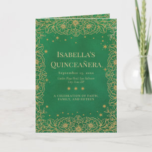 Emerald Green Gold Floral Quinceañera  Programme