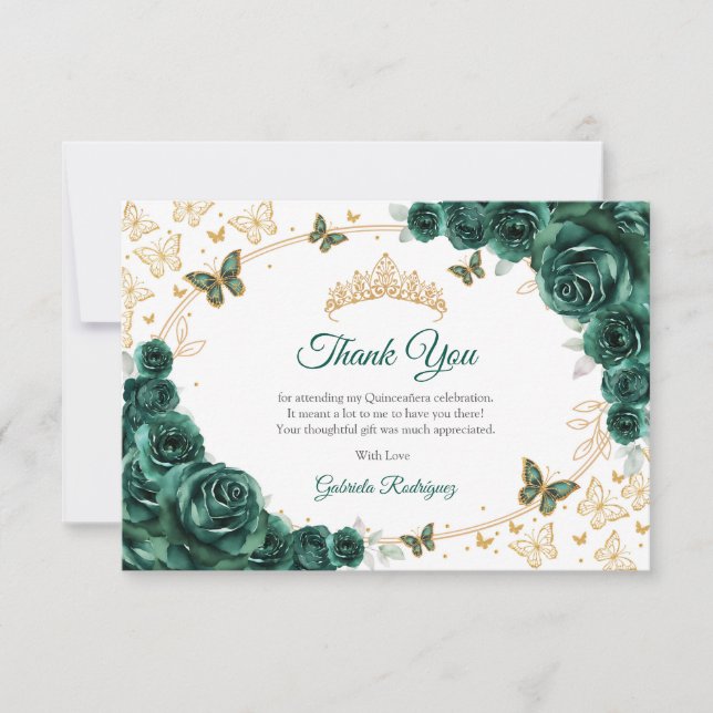 Emerald Green Gold Floral Quinceanera Thank You Card (Front)