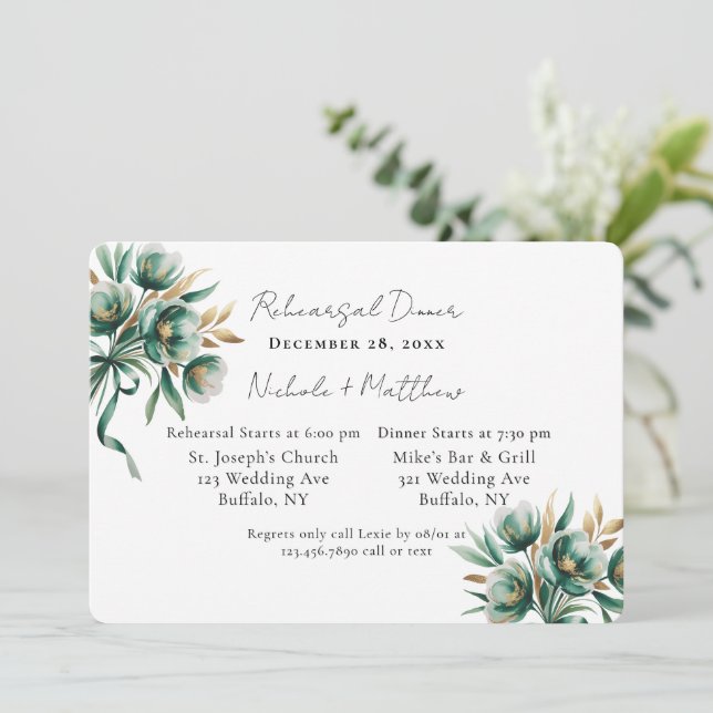 Emerald Green & Gold Floral Rehearsal Dinner Invitation (Standing Front)