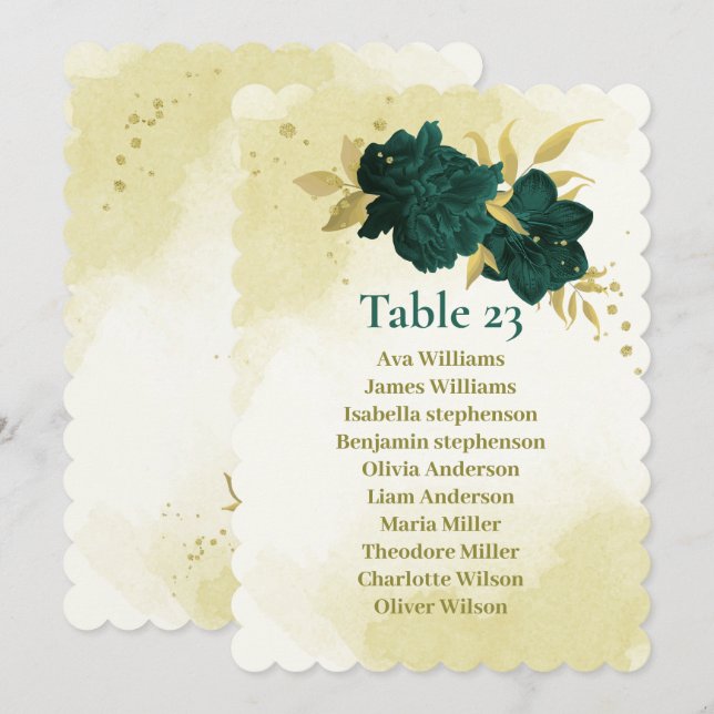 Emerald green gold floral seating chart card (Front/Back)
