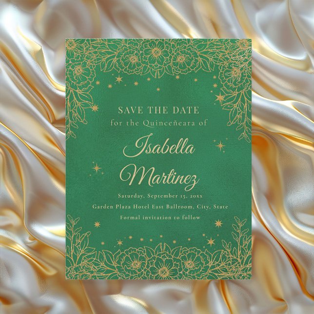 Emerald Green Gold Floral Stars Quinceañera Save The Date (Emerald green and gold Quinceañera Save the Date card)