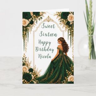 Emerald Green Gold Floral Sweet Sixteen Party Card