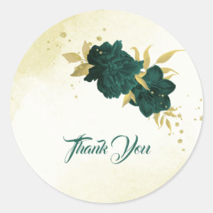 Emerald green gold floral wedding classic round sticker