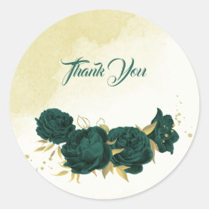 Emerald green gold floral wedding classic round sticker
