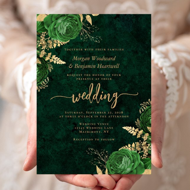 Emerald Green Gold Floral Wedding Invitation (Creator Uploaded)