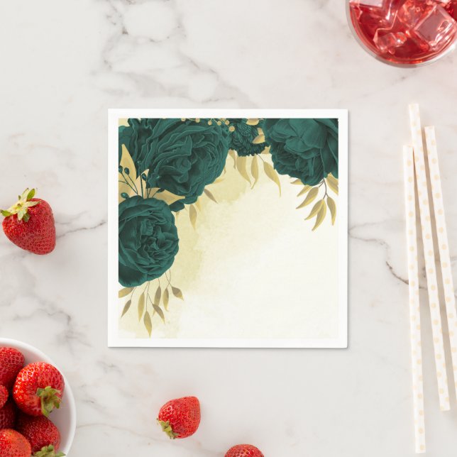 Emerald green gold floral wedding napkin (Insitu)