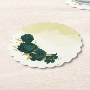 Emerald green gold floral wedding paper coaster
