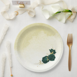 Emerald green gold floral wedding paper plate