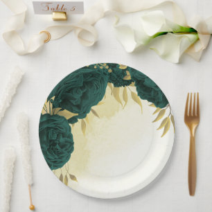 Emerald green gold floral wedding paper plate