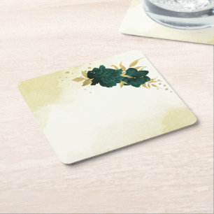 Emerald green gold floral wedding square paper coaster