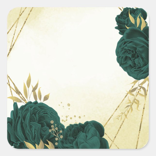Emerald green gold floral wedding square sticker (Front)