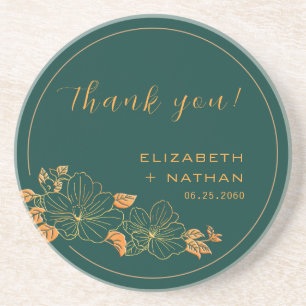 Emerald Green Gold Floral Wedding Thank You Gift Coaster