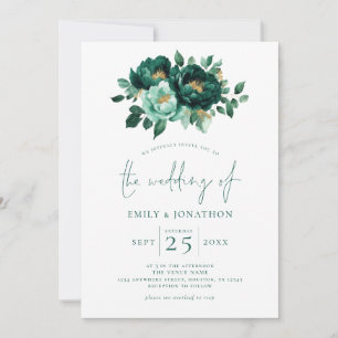 Emerald Green Gold Florals QR Code Wedding Invitation