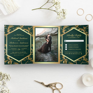 Emerald Green Gold Flourish Swirl Wedding Photo Tri-Fold Invitation