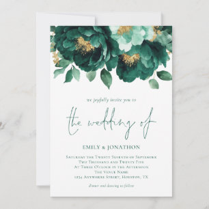 Emerald Green Gold Flowers Photo QR Code Wedding Invitation