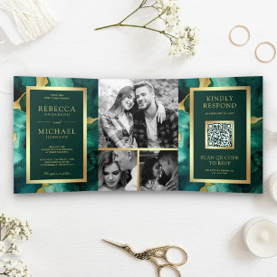 Emerald Green Gold Fluid Ink QR Code Wedding Tri-Fold Invitation