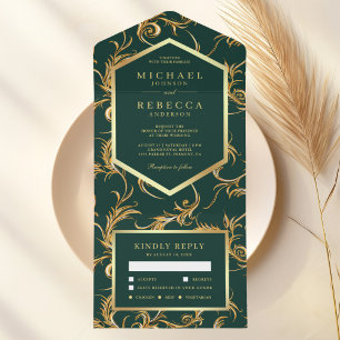Emerald Green Gold Foil Flourish Swirl Wedding All In One Invitation