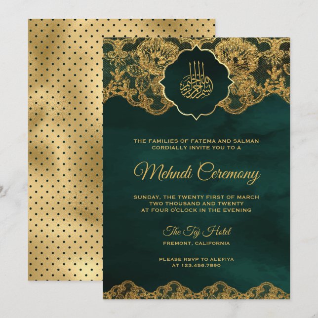 Emerald Green Gold Foil Lace Islamic Mehndi Invitation (Front/Back)