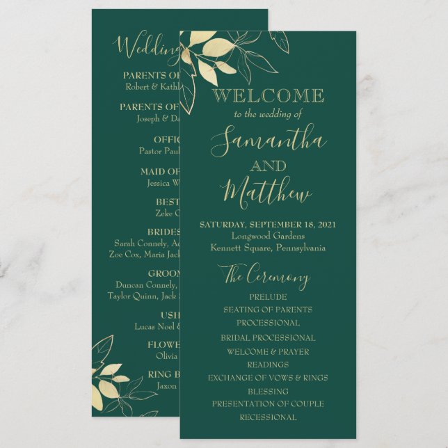 Emerald Green & Gold Foliage Botanical Wedding Programme (Front/Back)