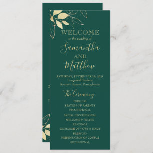 Emerald Green & Gold Foliage Botanical Wedding Programme