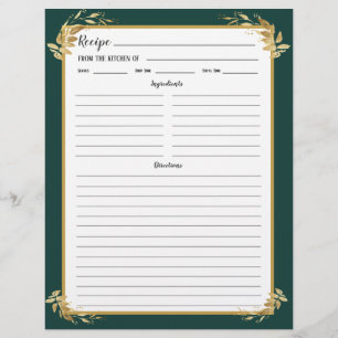 Emerald Green Gold Foliage Recipe Binder Page