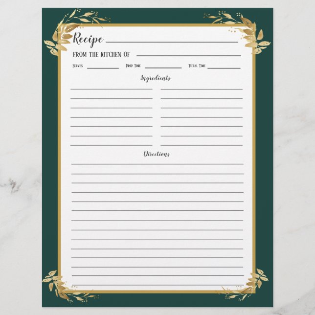 Emerald Green Gold Foliage Recipe Binder Page (Front)