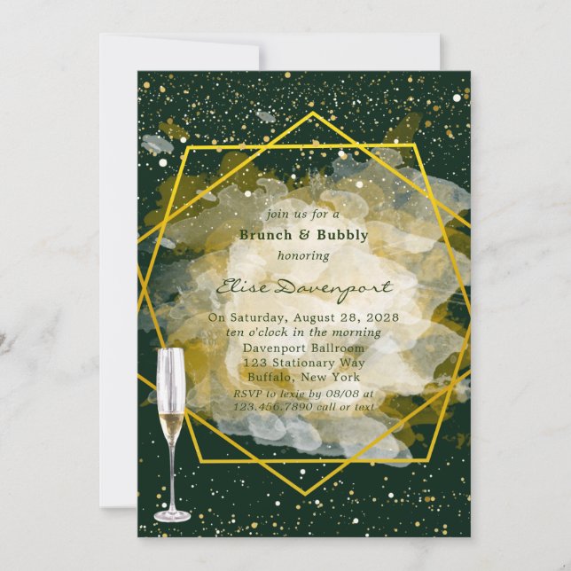 Emerald Green & Gold Geometric Brunch & Bubbly Invitation (Front)