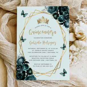 Emerald Green Gold Geometric Floral Quinceañera Invitation