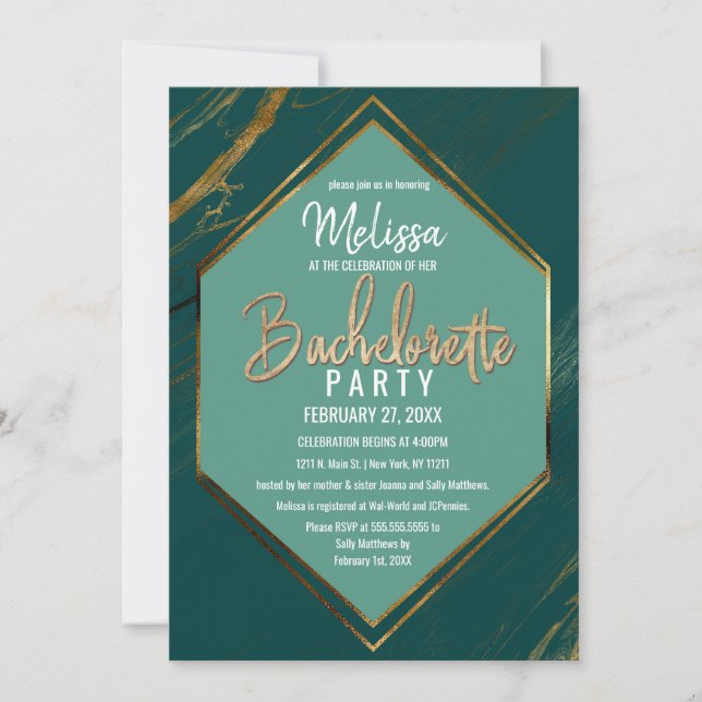 Emerald Green Gold Geometric Marble Bachelorette Invitation (Front)