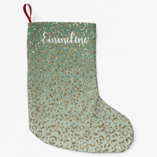 Emerald Green Gold Glam Glitter Leopard Print Small Christmas Stocking